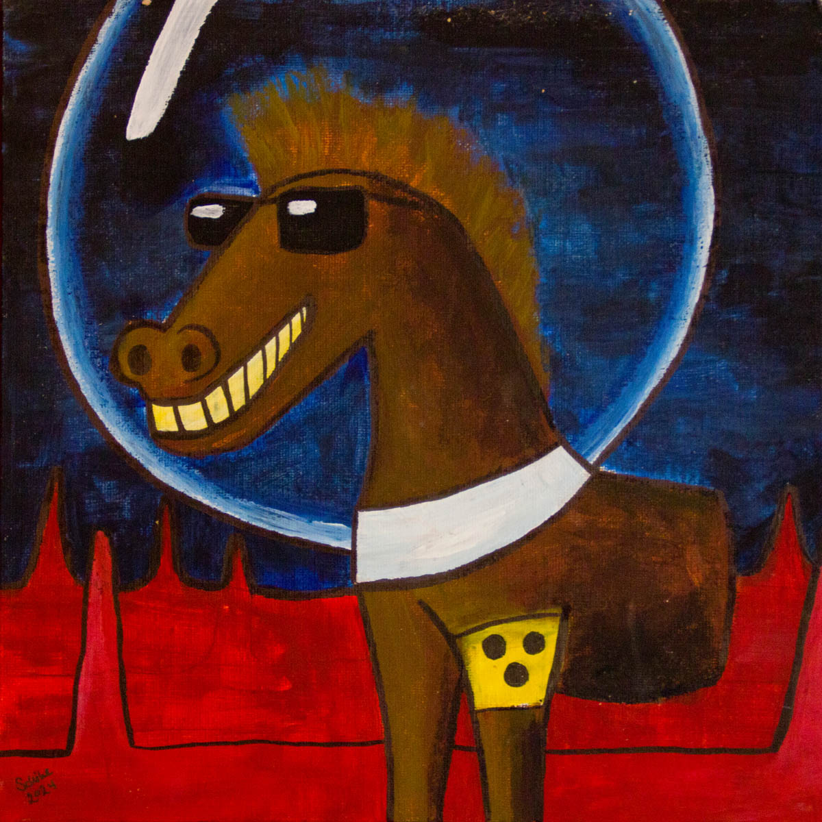 Ein halbes Pferd mit blinden Augen auf einem fremden Planeten